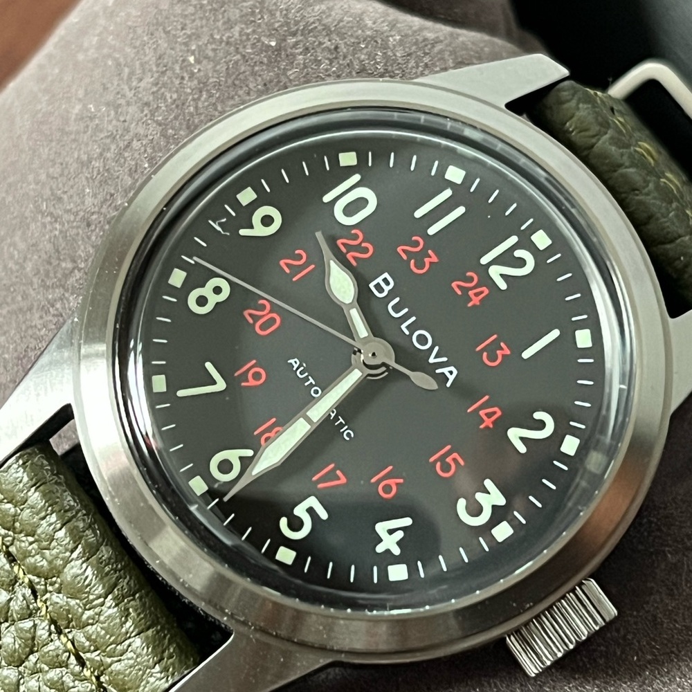 Bulova Black Dial Watch with Olive Green Strap - Picture 2 of 13